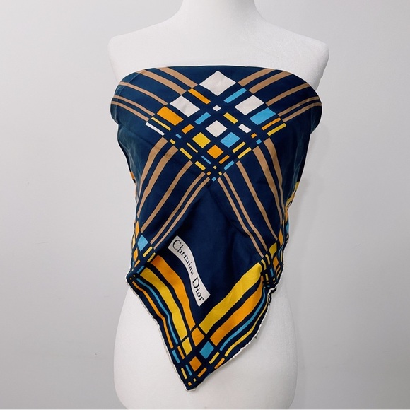 Dior Blue and Yellow Plaid 100% Silk Scarf - Picture 4 of 7